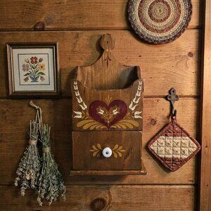 VTG Primitive Folk Art Wooden Wall Box Hand Painted Mail Key Holder Drawer
